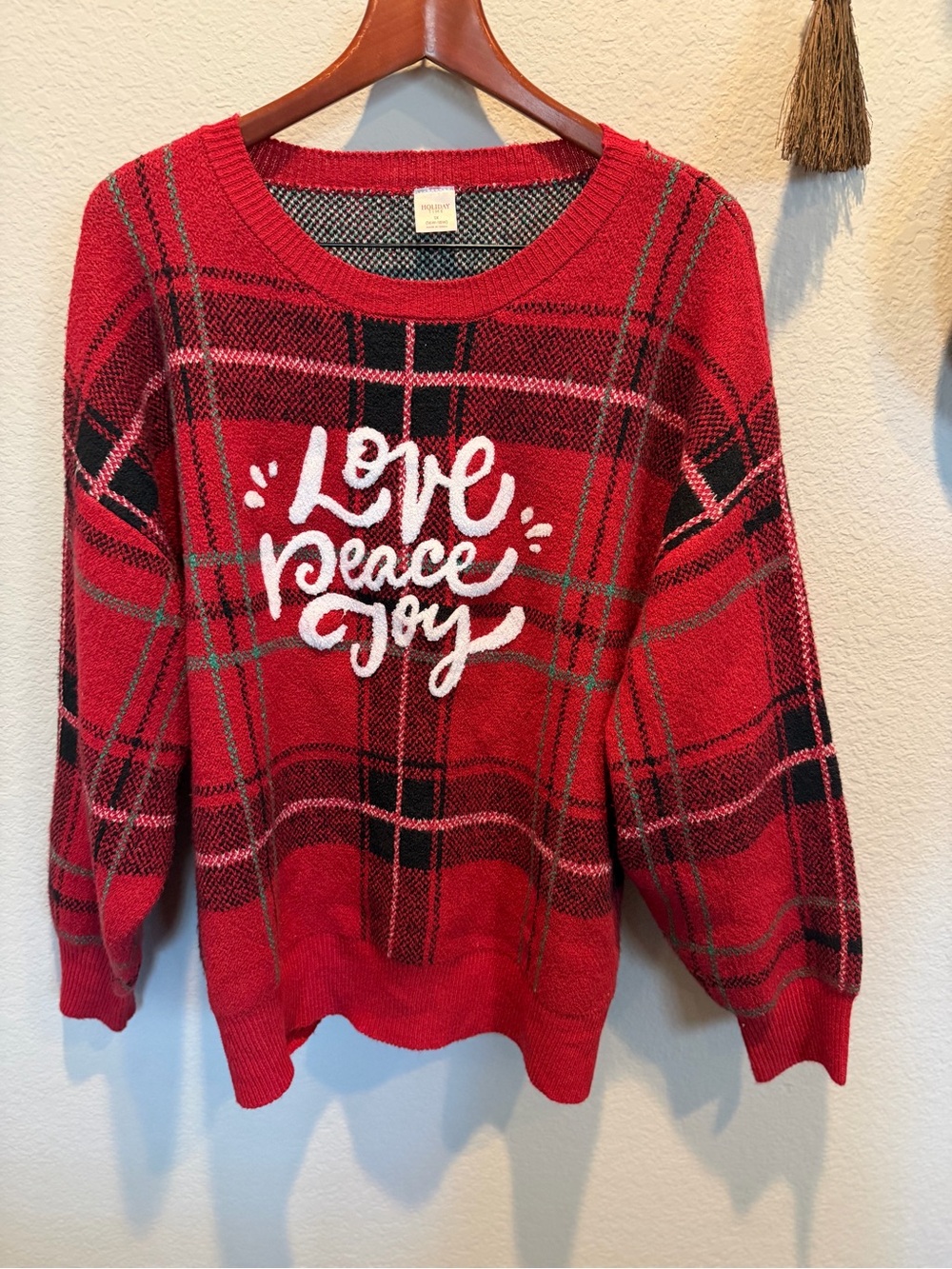 NWT Holiday Time Red Plaid "Love Peace Joy" Women's Christmas Sweater 1X
